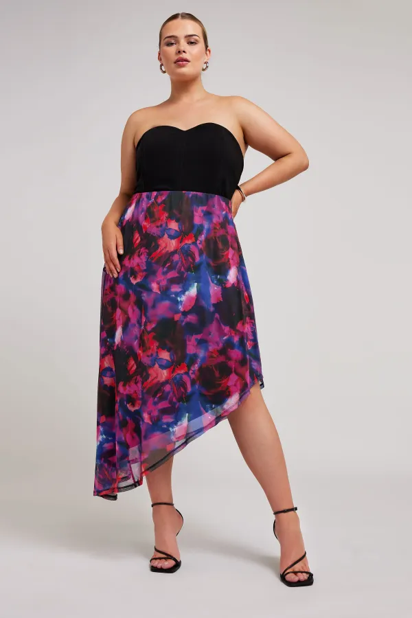 YOURS LONDON Curve Purple Abstract Print Asymmetric Mesh Skirt