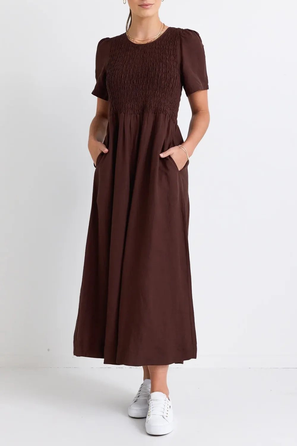 Linen Blend SS Shirred Bodice Midi Dress