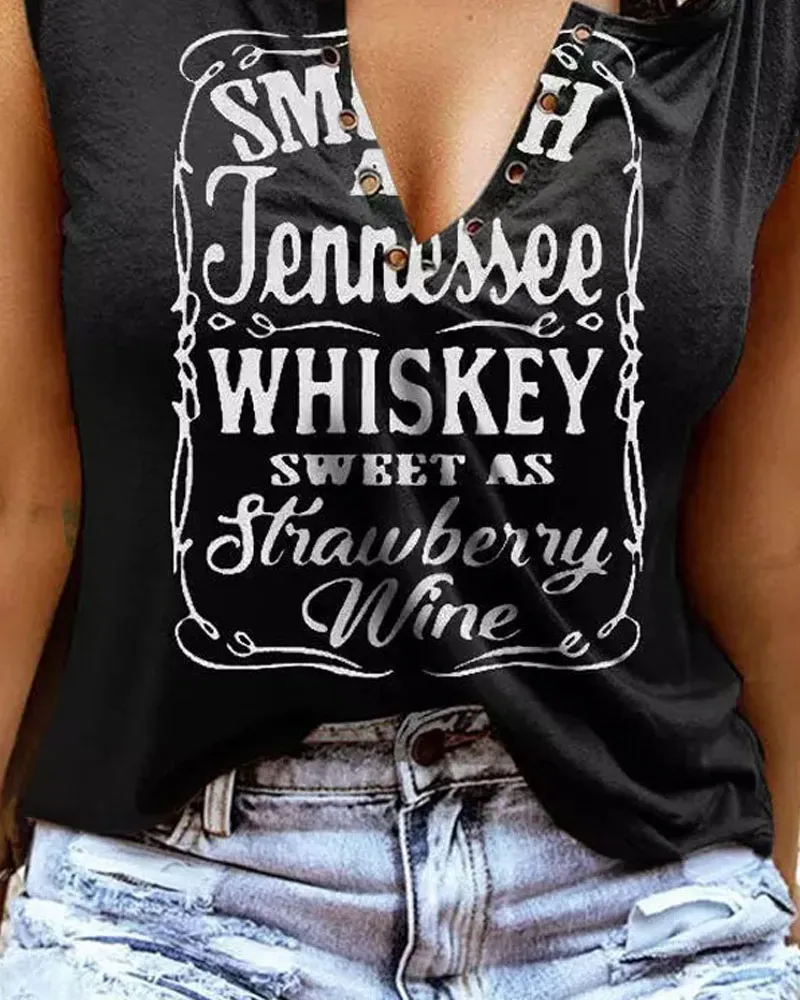 Smooth As Tennessee Whiskey Sweet As Strawberry Wine Print Eyelet Decor Casual Tank Top