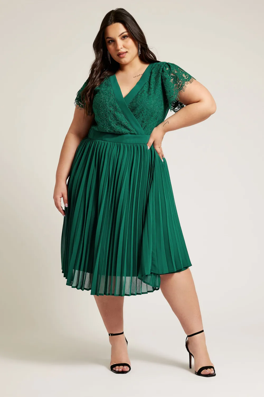 YOURS LONDON Curve Emerald Green Lace Wrap Midi Dress