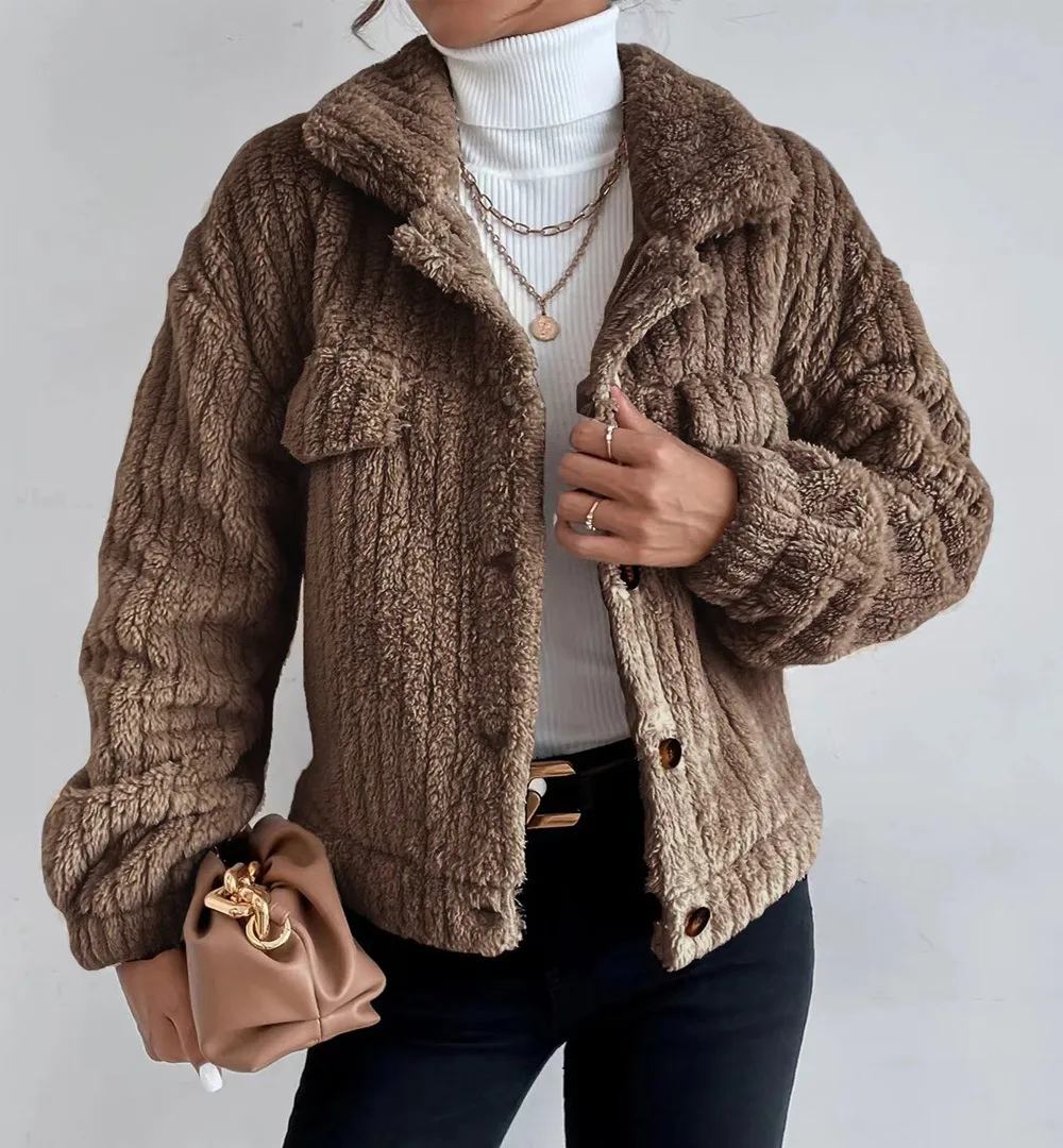 Solid Front Pockets Lapel Plush Coat