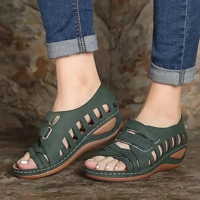 Women's Sandals Comfort Shoes Plus Size Barefoot Sandals Daily Summer Cut Out Wedge Heel Peep Toe Elegant Casual Faux Leather Magic Tape White Dark Green Brown