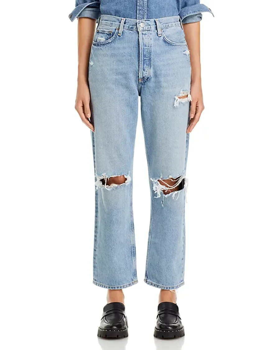 Ripped High Rise Straight Jeans in Threadbare