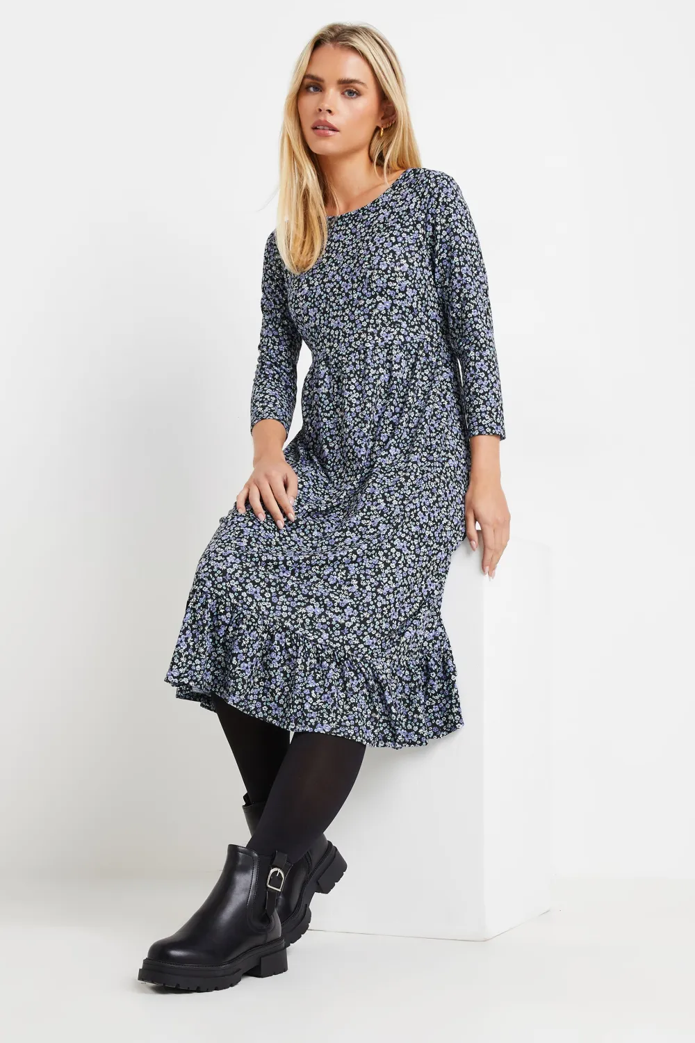 M&Co Petite Blue Ditsy Floral Print Midi Dress