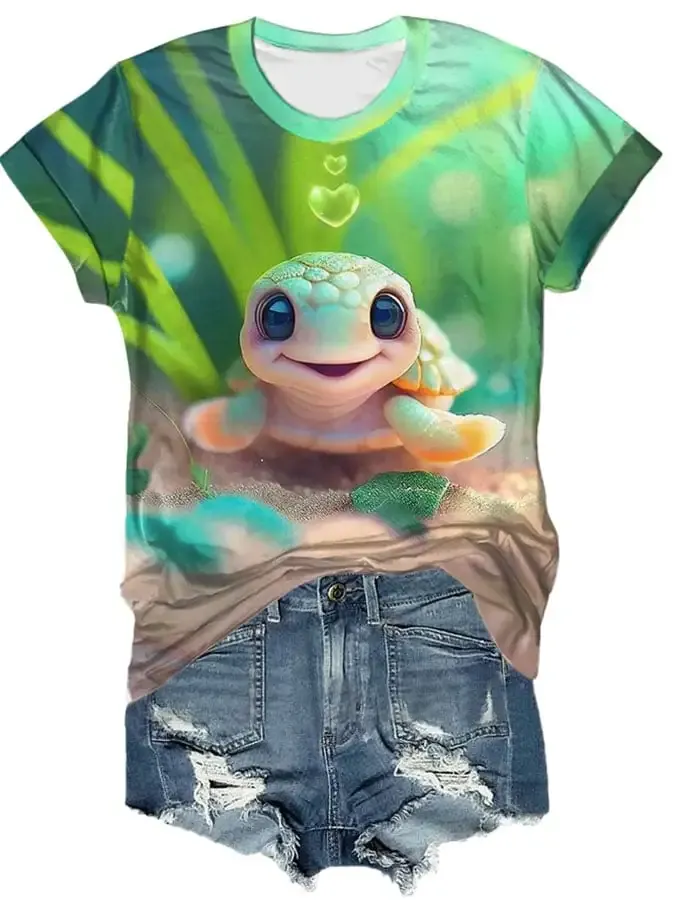 Vintage Cute Sea Turtle Print T-Shirt