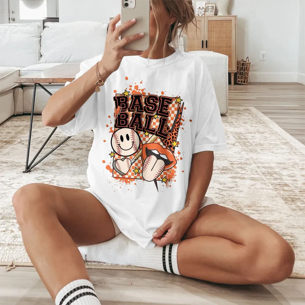 I Love Baseball Opening Day Printed Round Neck Short Sleeve T-Shirt