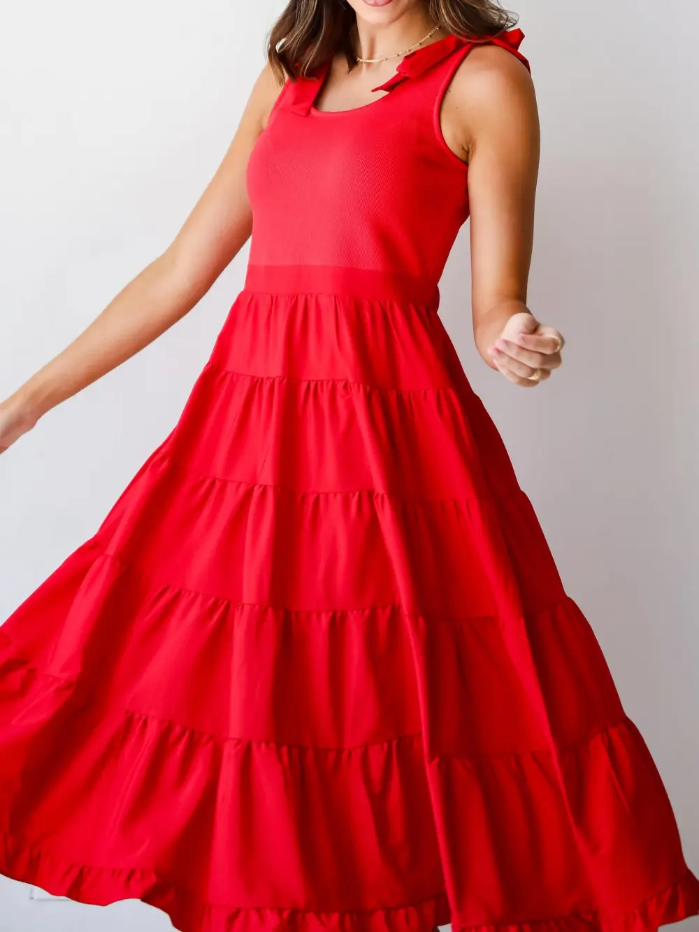 Sweet Daylight Red Tiered Midi Dress