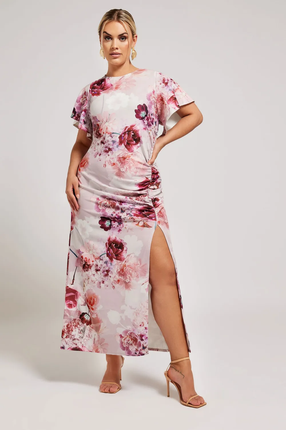 YOURS LONDON Curve Pink Floral Print Gathered Dress