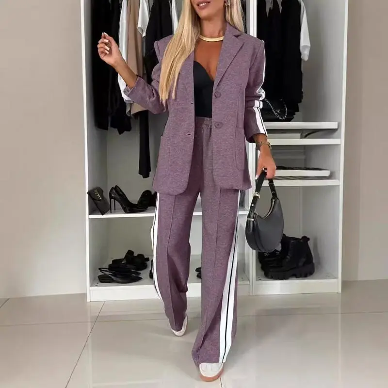 Women's Striped Print Blazer Jacket & Wide Leg Pants Set, Casual Fitted Suit for All Seasons, Stylish Ladies' Clothing Ensemble