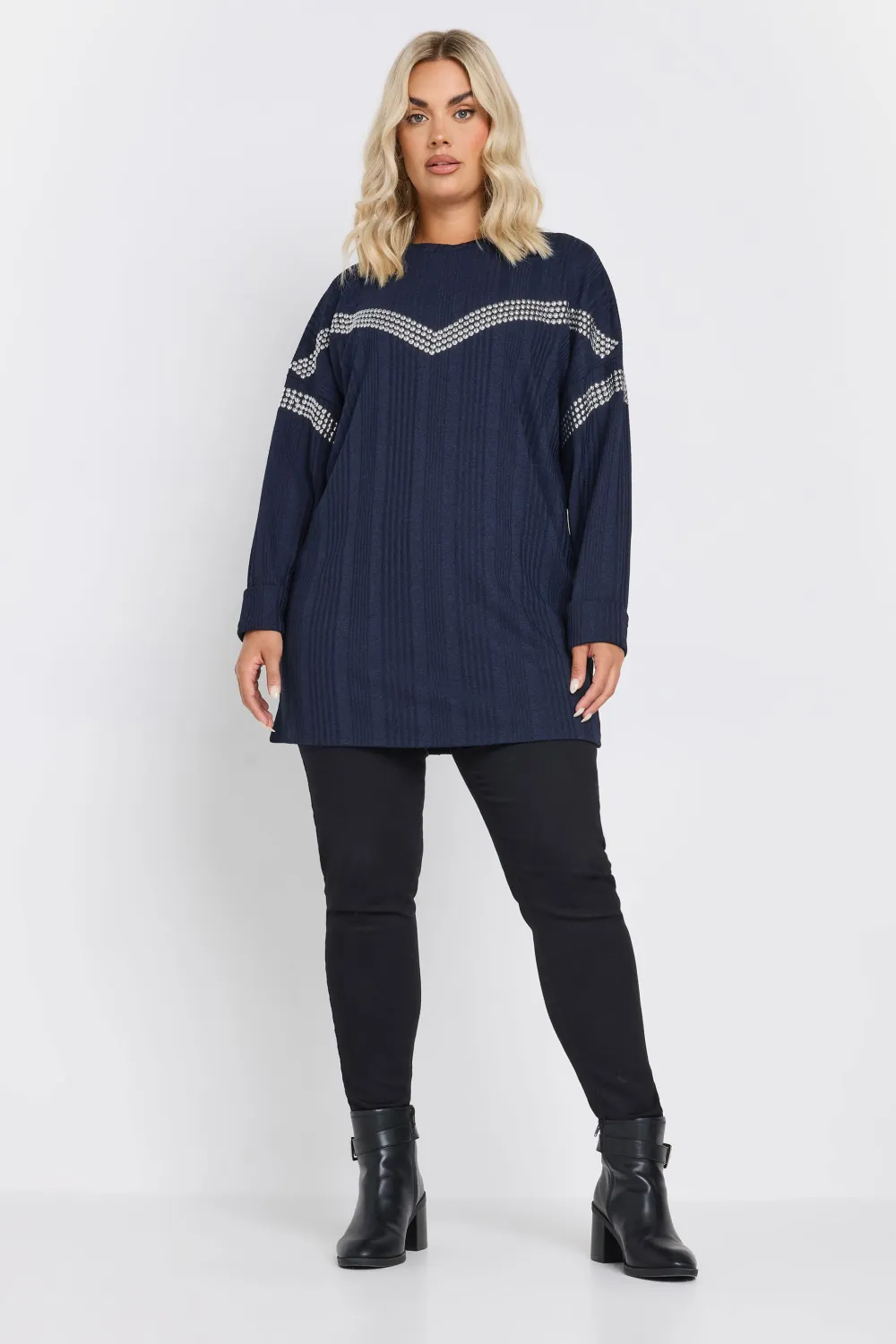 YOURS Curve Grey Ribbed Chevron Stud Jumper