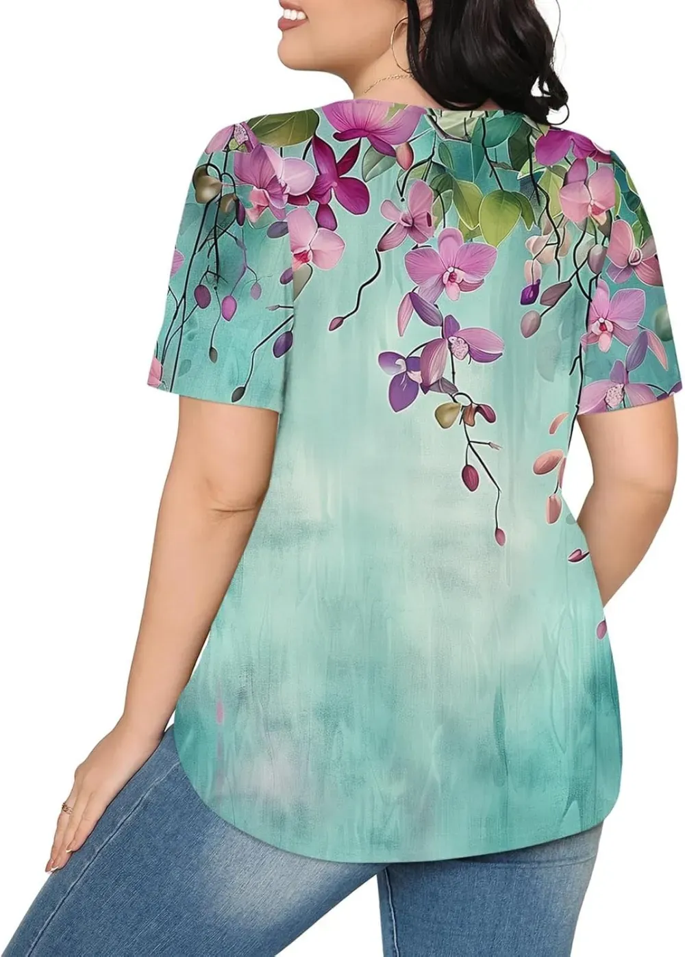 Womens Summer Pleated Front Shirts Tunics Casual Short Sleeved Loose Round Neck Boho Printed Tops Vacation Blouse