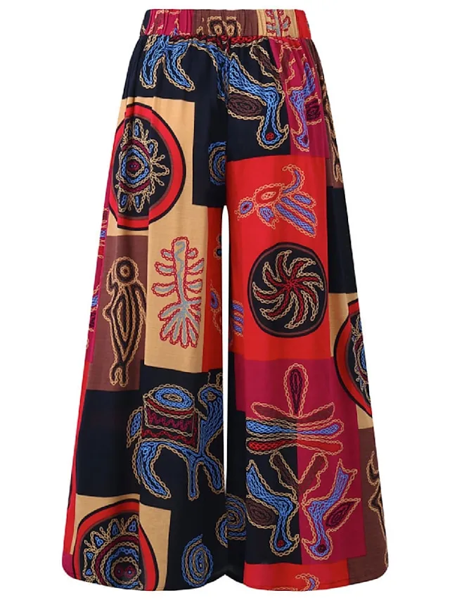 Women's Wide Leg Gauchos Pants Trousers Baggy Full Length Causal Vacation Red Purple XL XXL Spring Fall