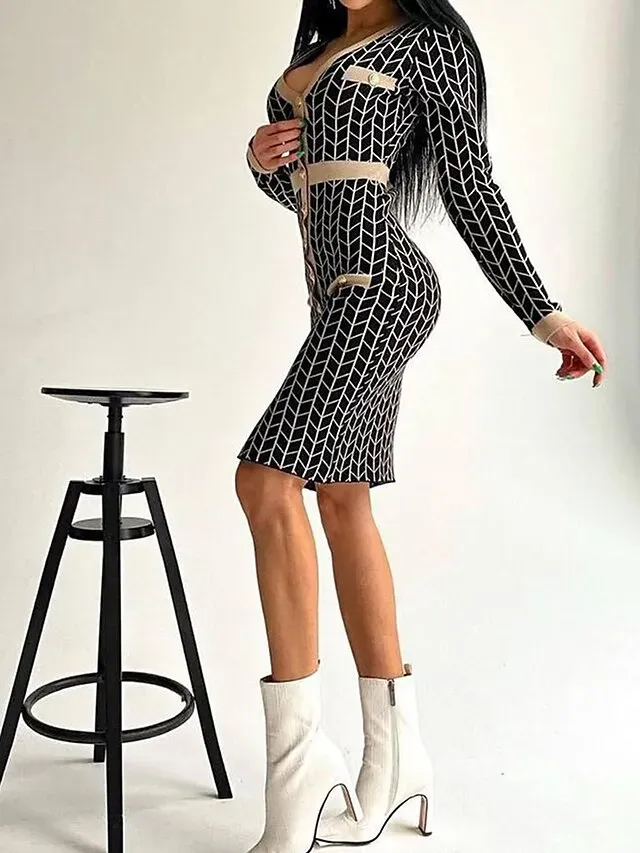 Women's Sweater Dress Jumper Dress Winter Dress Midi Dress Daily Casual Plaid Outdoor Home Casual Daily V Neck Long Sleeve Button 2023 Regular Fit Black khaki One Size