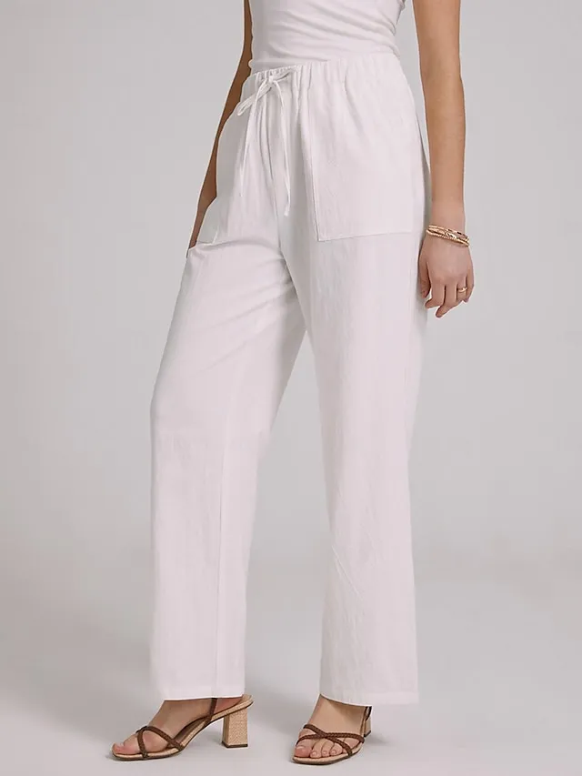 Women's Bootcut Culottes Wide Leg Chinos Cotton Faux Linen Solid Colored Baggy Mid Waist Lightweight Basic Wedding Daily Black White S M Spring &  Fall