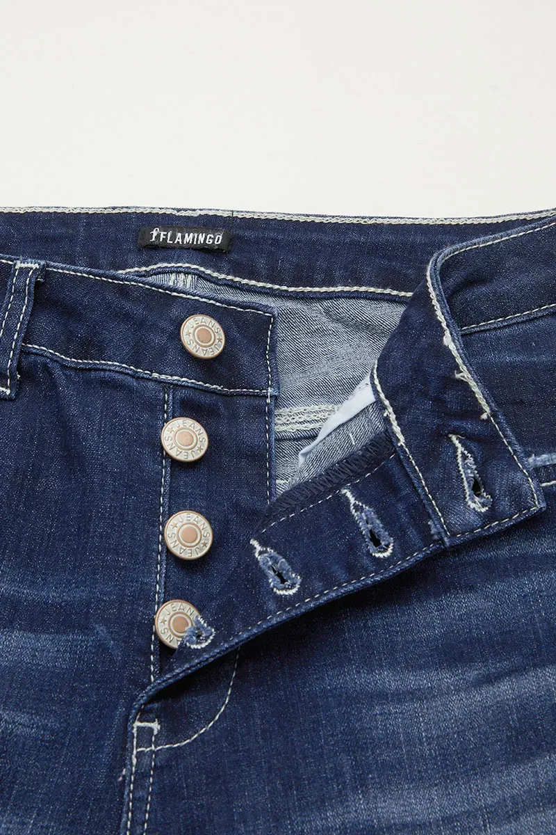 Multi Button Distressed Roll Up Hem Mid Waist Skinny Jeans