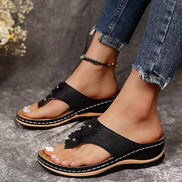 Women's Sandals Slippers Boho Bohemia Beach Wedge Sandals Outdoor Slippers Daily Beach Summer Flower Wedge Heel Round Toe Vintage Casual Faux Leather Loafer Solid Color Black Pink Brown
