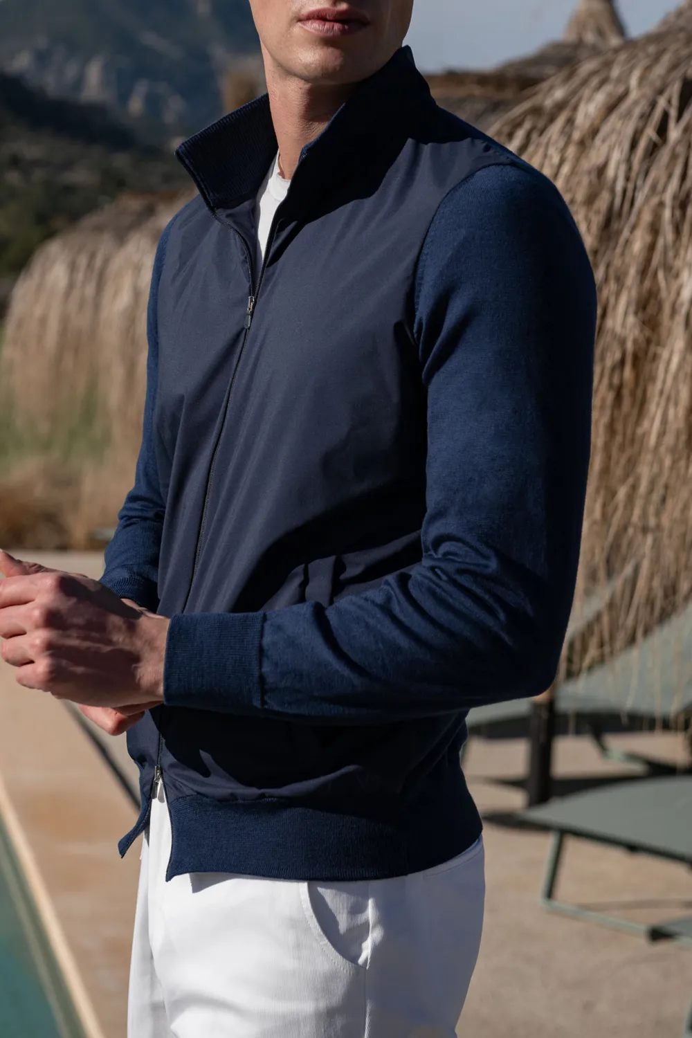 Blue Knit & Nylon Bomber Jacket