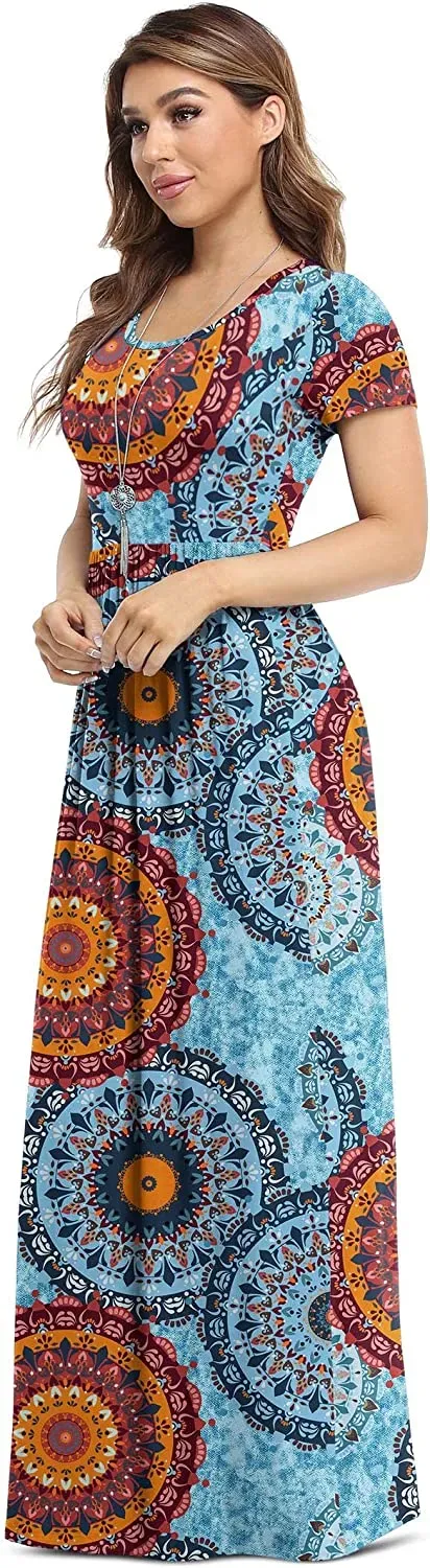 Women's Short Sleeve Loose Plain Maxi Dresses Casual Long Dresses with Pockets