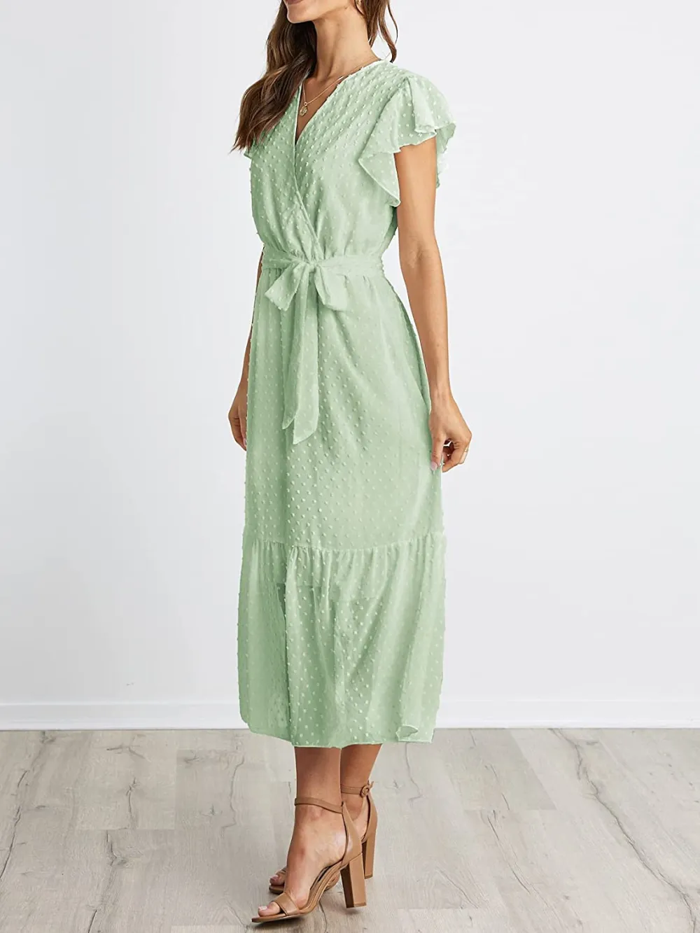 Women Summer Bohemian Floral Casual Wrap V Neck Ruffle Cap Sleeveless Belt A-Line Pleated Hem Swing Midi Sun Dress