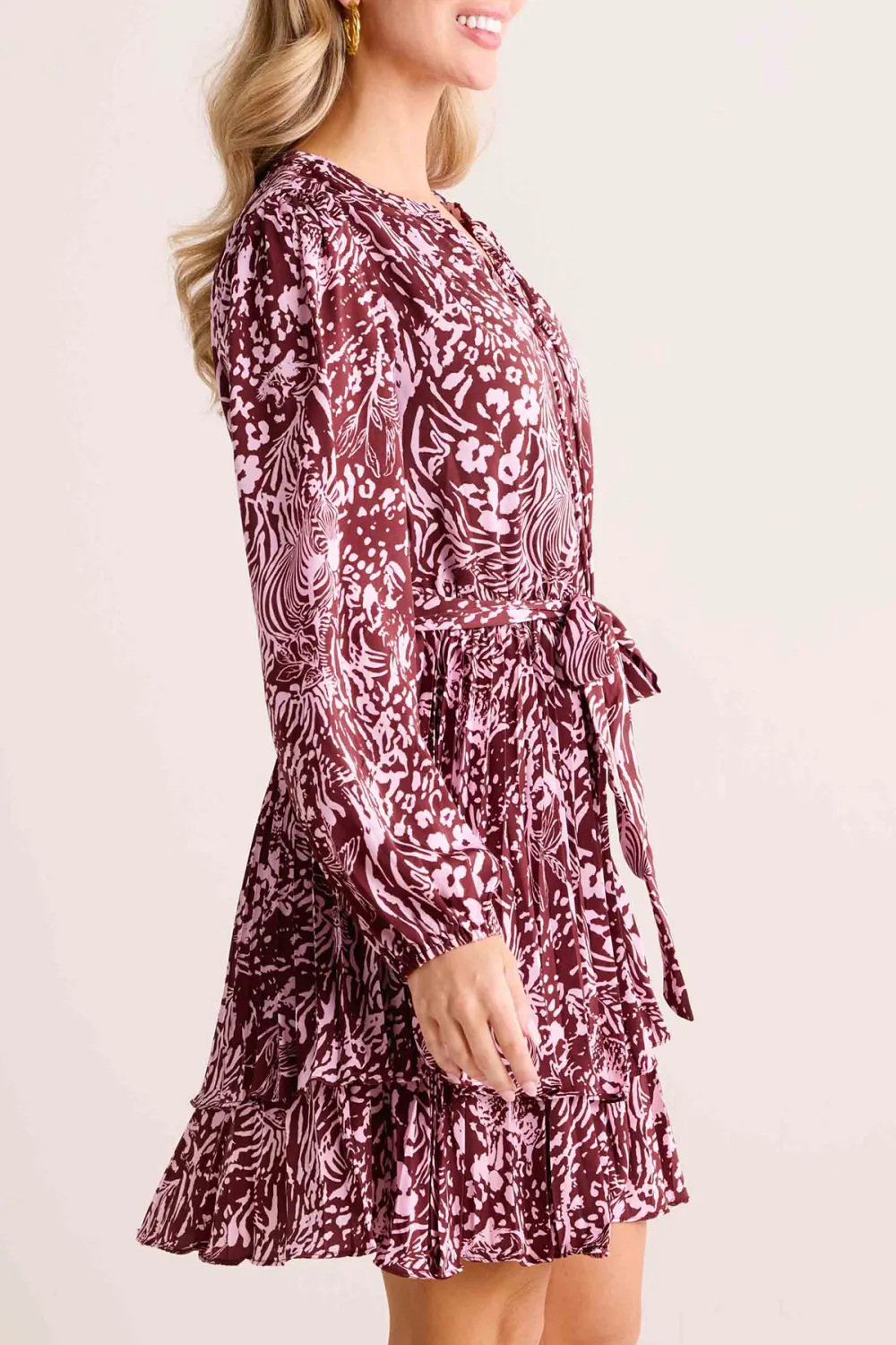 Wine Red Velvet Animal Print Tie-Waist Dress