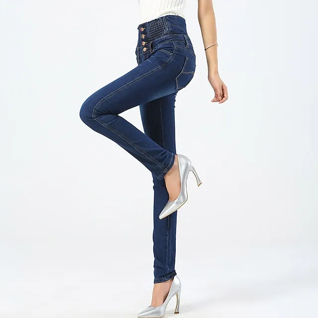 Women's Jeans Skinny Full Length Denim Side Pockets Stretchy High Waist Fashion Street Casual Light Blue B S M