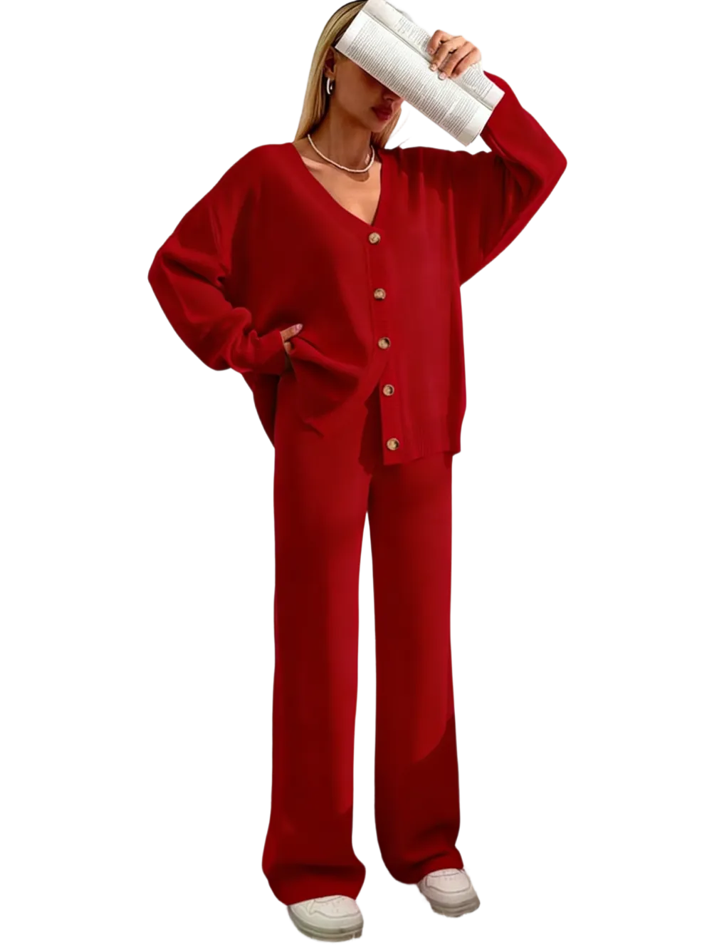 Women's Solid Color Off-Shoulder V-Neck Cardigan & Wide-Leg Pants 2-Piece Loungewear Set