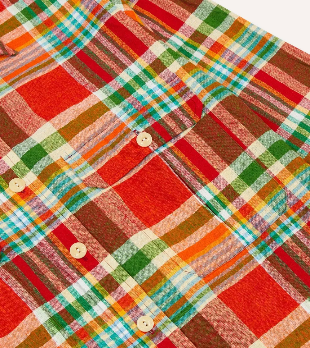Red and Green Madras Check Cotton-Linen Two-Pocket Work Shirt Casual Style