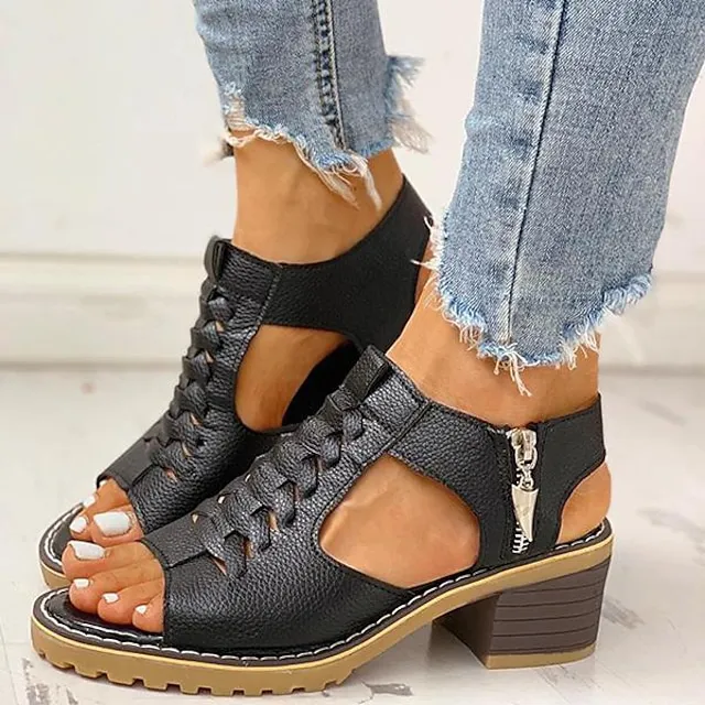 Women's Sandals Block Heel Sandals Daily Beach Summer Block Heel Low Heel Peep Toe Casual PU Leather PU Zipper Solid Color Solid Colored Black White Beige