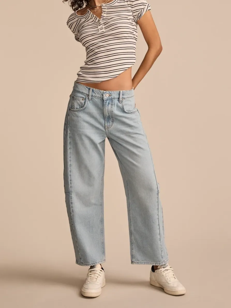 Distressed Light Wash Denim Barrel leg