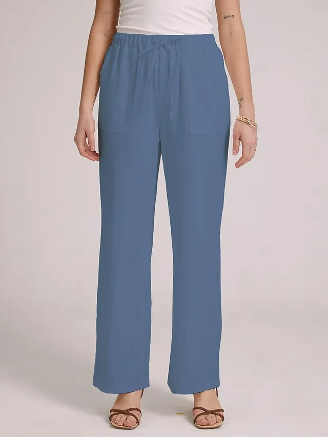 Women's Bootcut Culottes Wide Leg Chinos Cotton Faux Linen Solid Colored Baggy Mid Waist Lightweight Basic Wedding Daily Black White S M Spring &  Fall