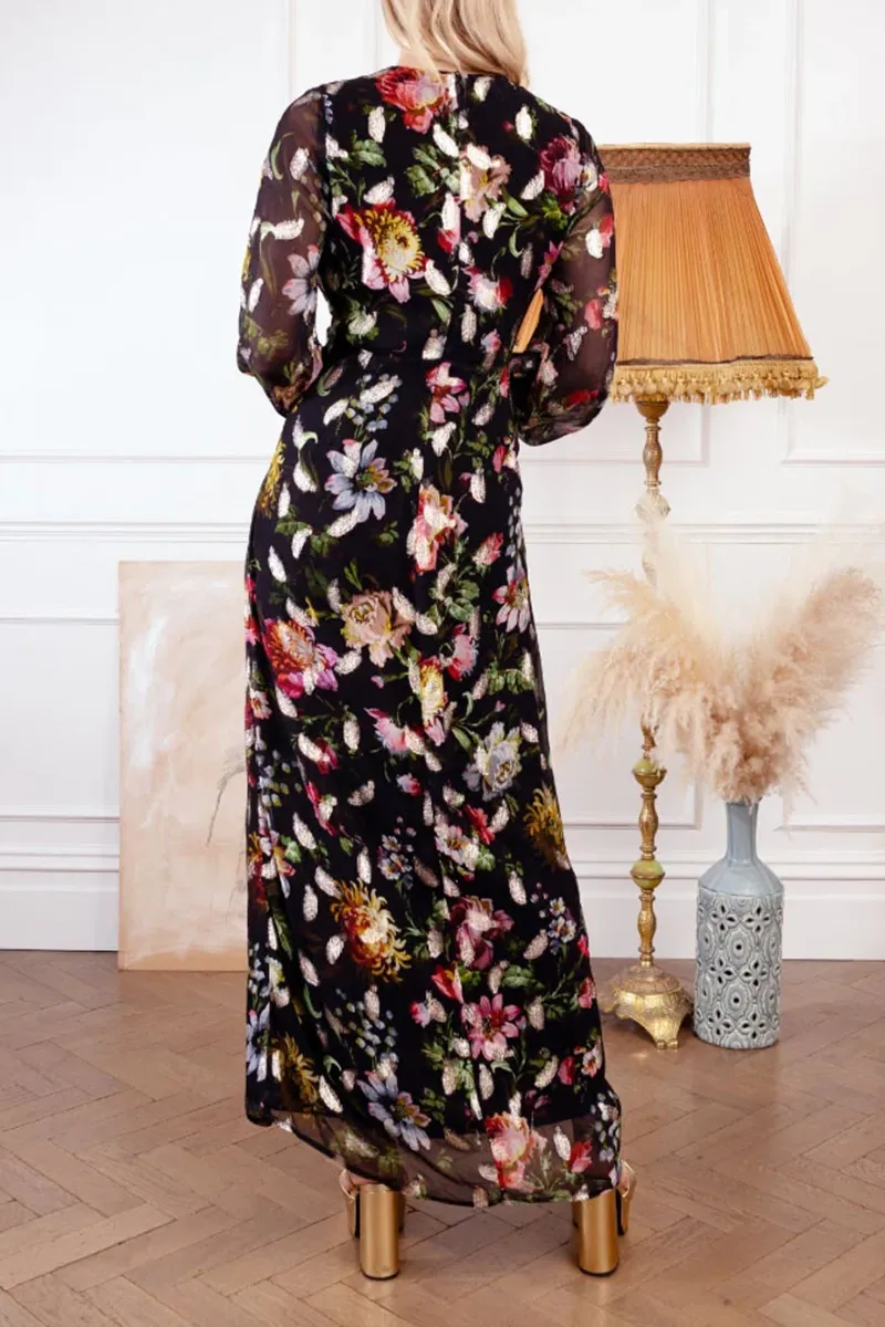 Vintage Floral Blouson-Sleeve Maxi Wrap Dresses