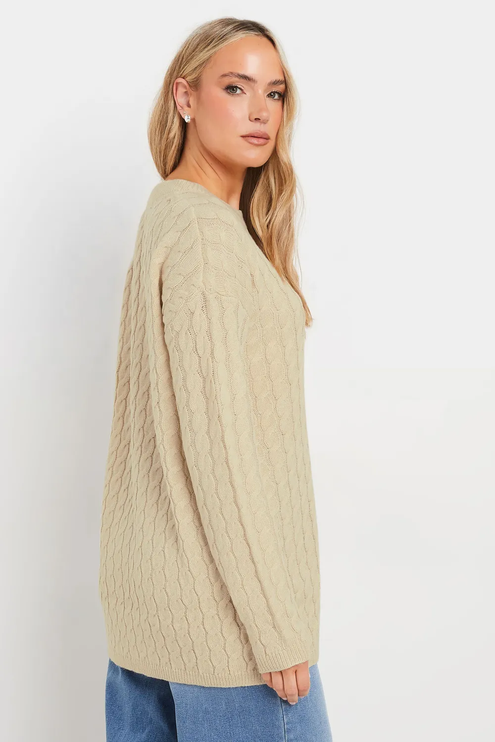LTS Tall Beige Brown Cable Knit Jumper