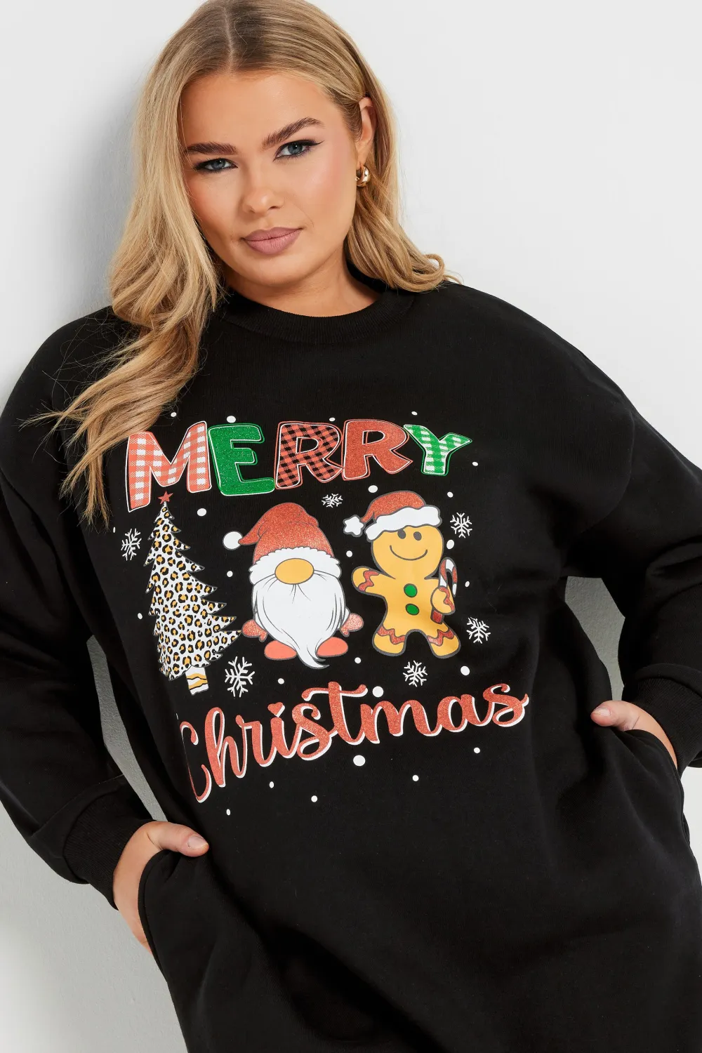 YOURS Curve Black 'Merry Christmas' Teddy Bear Sweatshirt Dress