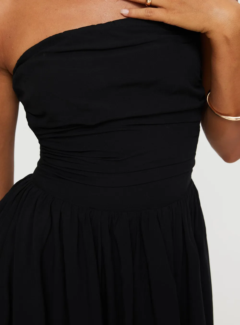 Black Strapless Pleated Mini Dress