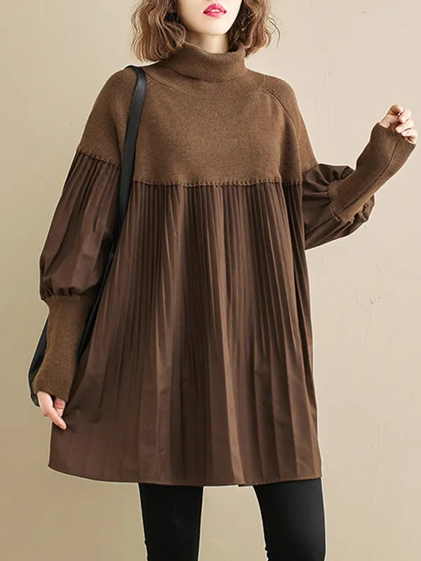 Knitting Pleats Split-Joint High-Neck Pullover Top