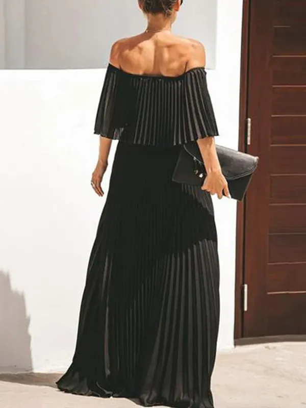 Loose Pleated Solid Color Off-The-Shoulder Maxi Dresses