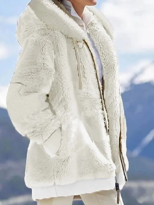 Women's Zip Hoodie Sweatshirt Fleece Jacket Pullover Sherpa Fleece Teddy Zipper Green Blue Purple Plain Round Neck Long Sleeve S M L XL 2XL 3XL / Winter / Fleece lined