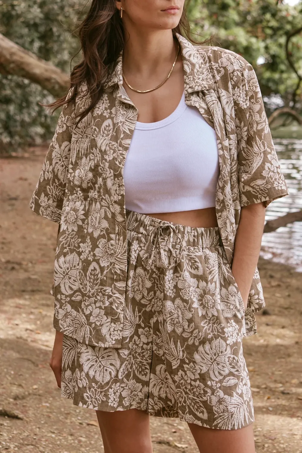 Taupe Tropicana Print Boxy Shirt