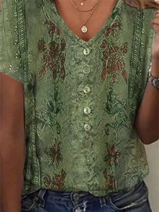 Women Short Sleeve V-neck Graphic Printed Tops