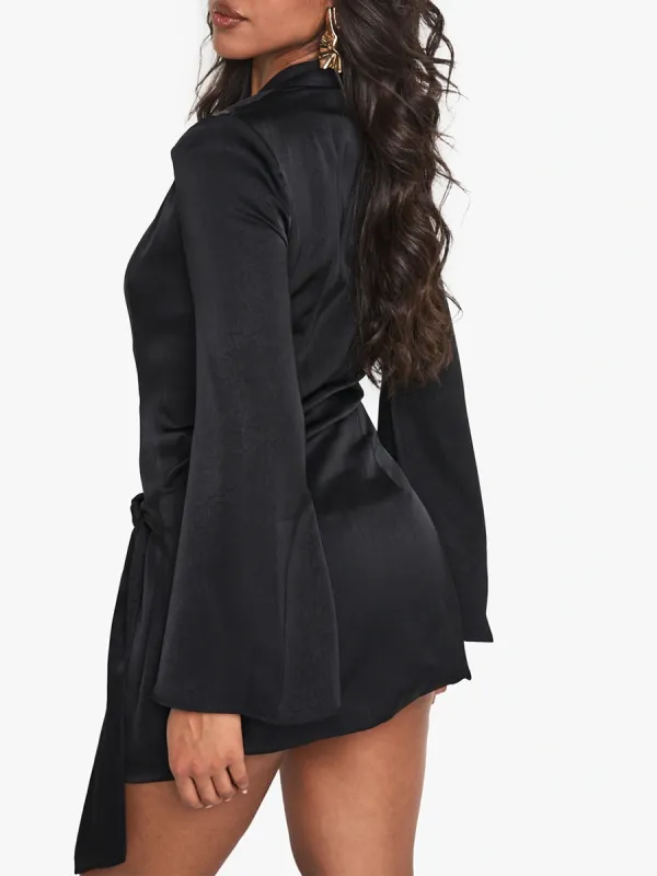 Women's Elegant Black Satin Tie Dress