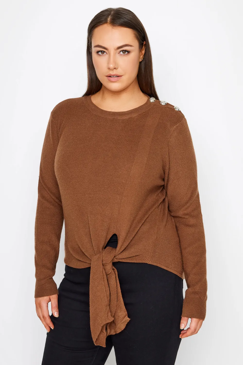 Evans Brown Tie Front Gold Button Jumper