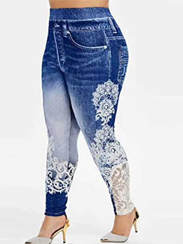 Women's Chinos Pants Trousers Leggings Full Length Faux Denim Lace Pocket Micro-elastic Streetwear Casual Daily Going out Black Pink L XL Fall Winter