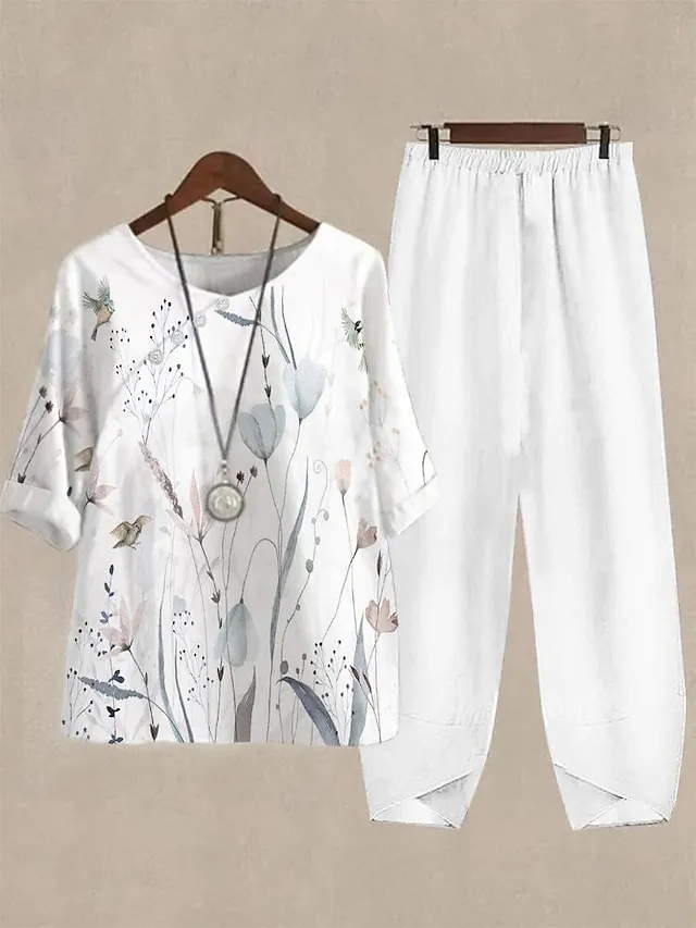 Women's Shirt Pants Sets Floral White Pink Blue Print Short Sleeve Casual Daily Daily Basic Crew Neck Regular Fit Fall & Winter