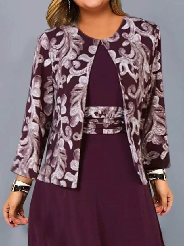 Women‘s Plus Size Curve Dress Set Print Crew Neck Long Sleeve Spring Fall Elegant Maxi long Dress Formal Party Dress