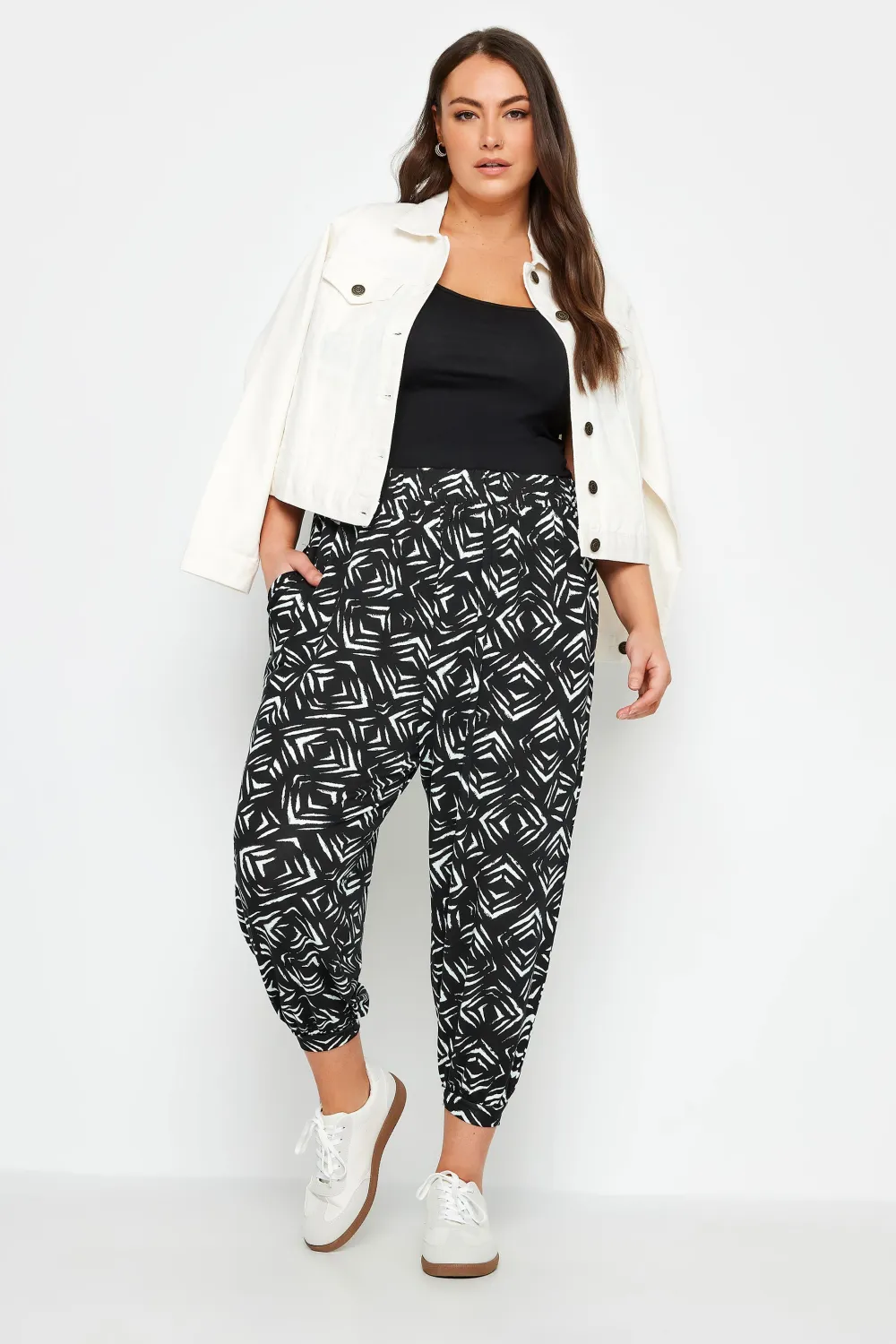 YOURS Curve Beige Brown Leaf Print Cropped Harem Trousers