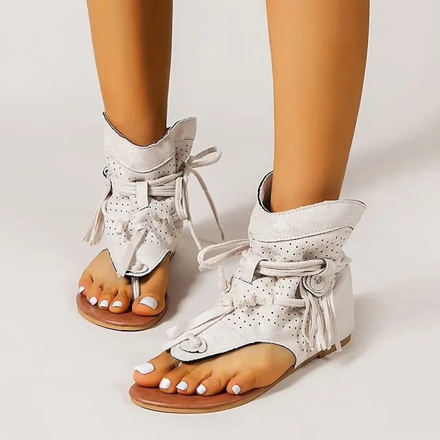 Women's Sandals Flat Sandals Gladiator Sandals Roman Sandals Outdoor Daily Beach Summer Lace-up Flat Heel Open Toe Vintage Casual Canvas Synthetics Loafer Solid Color Solid Colored Black Yellow Brown