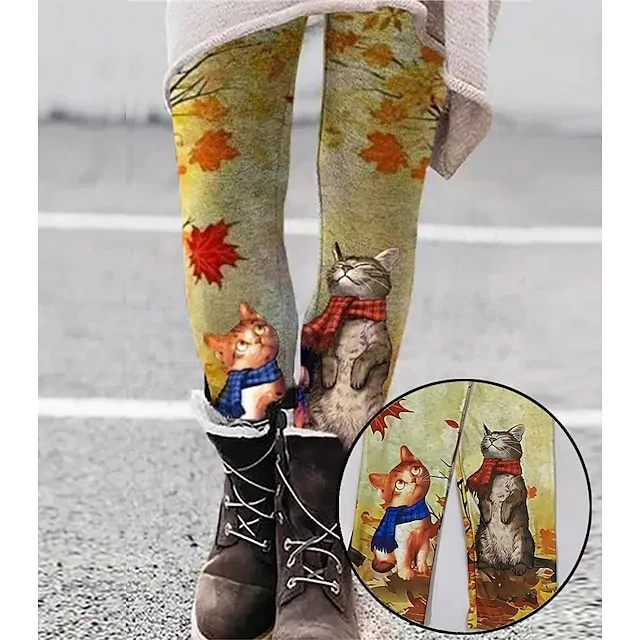 Women's Fleece Lined Leggings Warm Full Length Winter Leggings Print Micro-elastic Mid Waist Fashion Christmas Gifts Christmas Black Yellow S M Winter