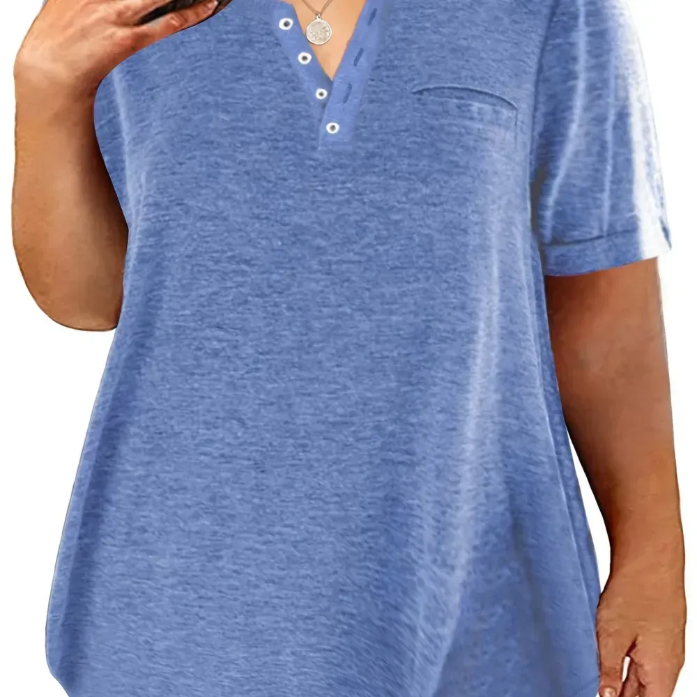 Plus Size Button Front Short Sleeve T-shirt, Women's Plus Slight Stretch Casual Tee