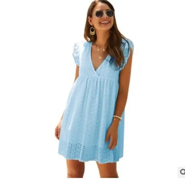 European and American women's new lace jacquard hollow V-neck dress women have pocket cloth shorts.