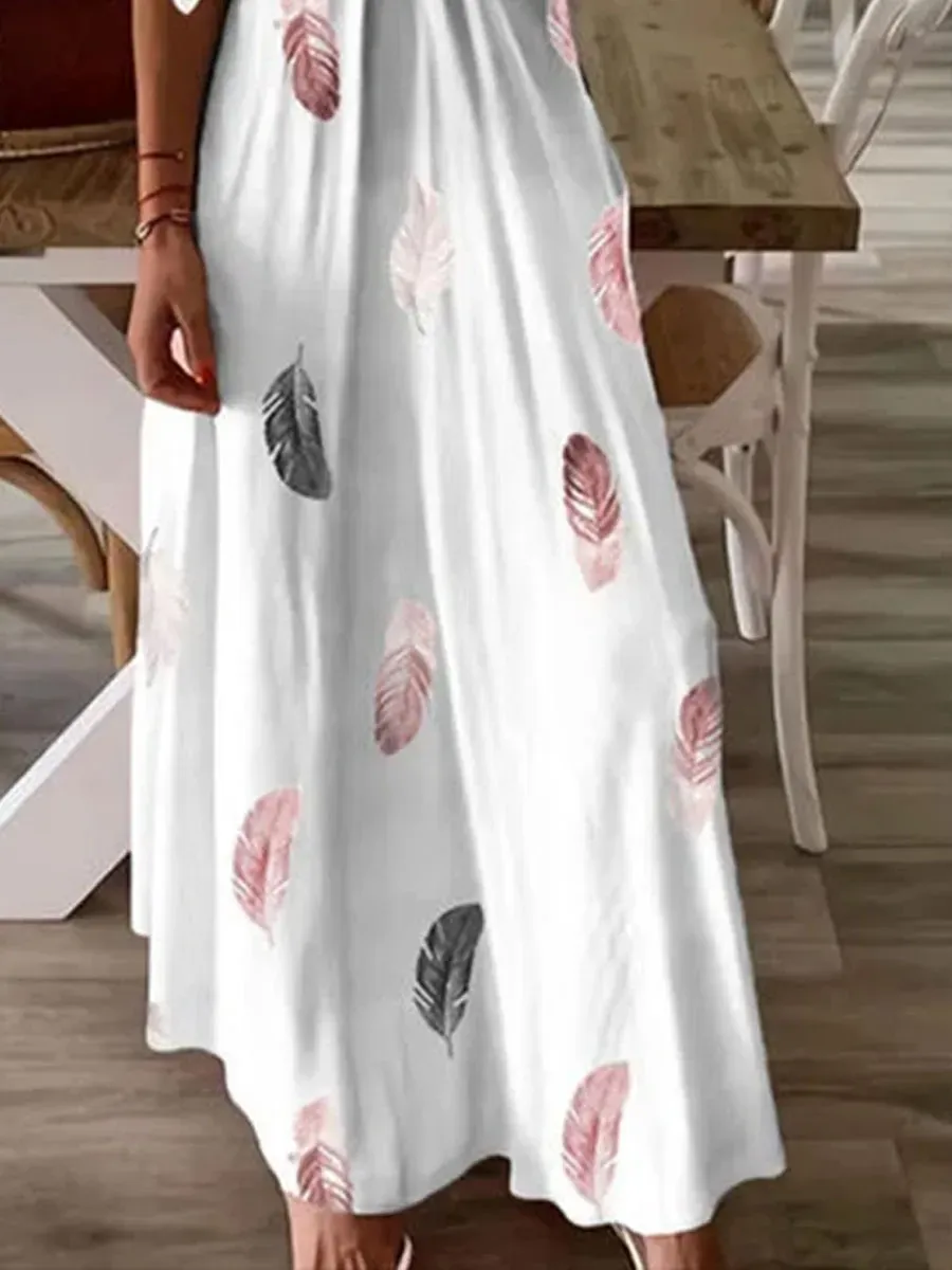 V-neck Casual Loose Feather Print Lace Panel Maxi Dress